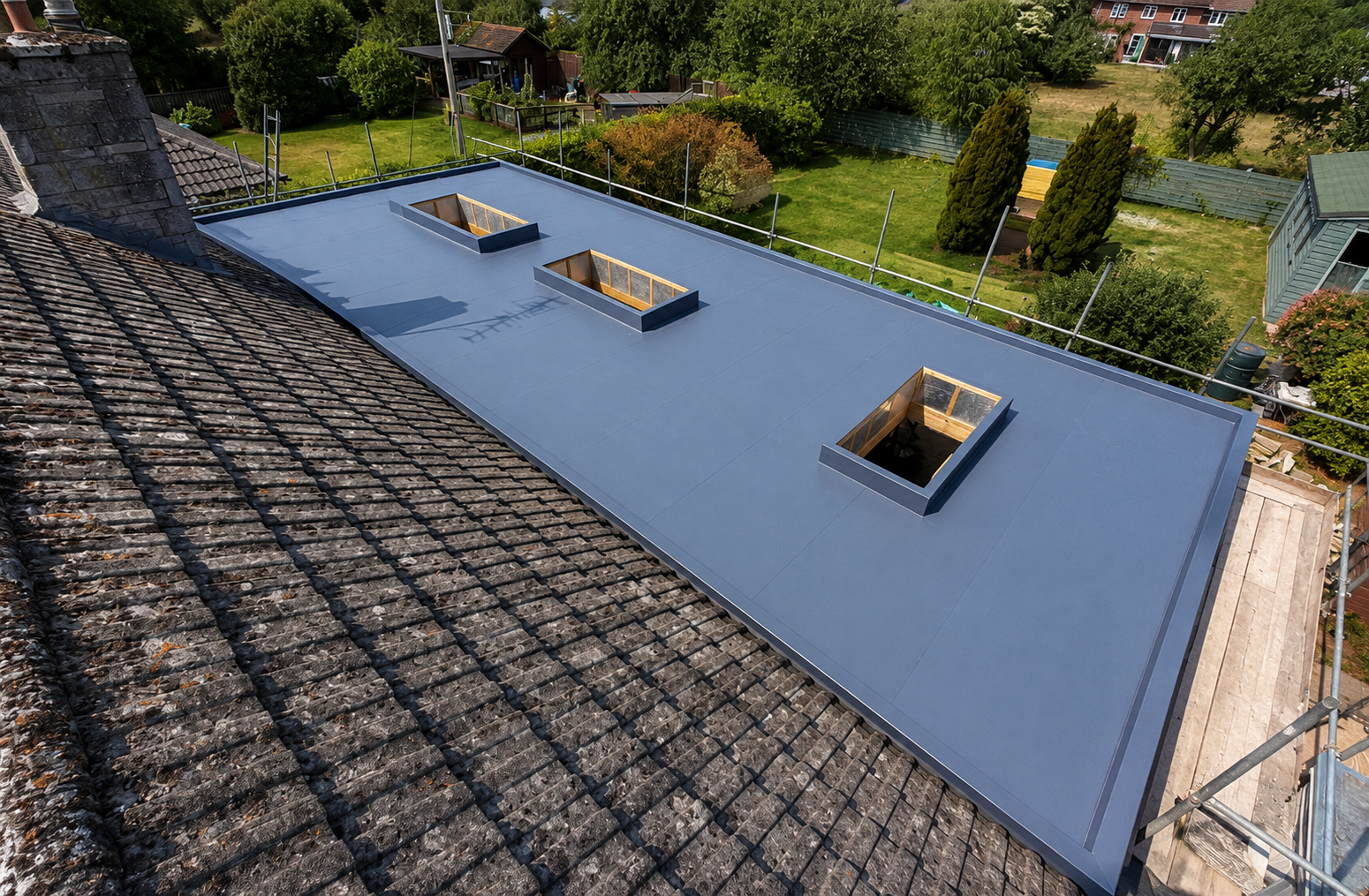 Alwitra VSK single-ply membrane installed on a flat roof extension in Tincleton, Dorset